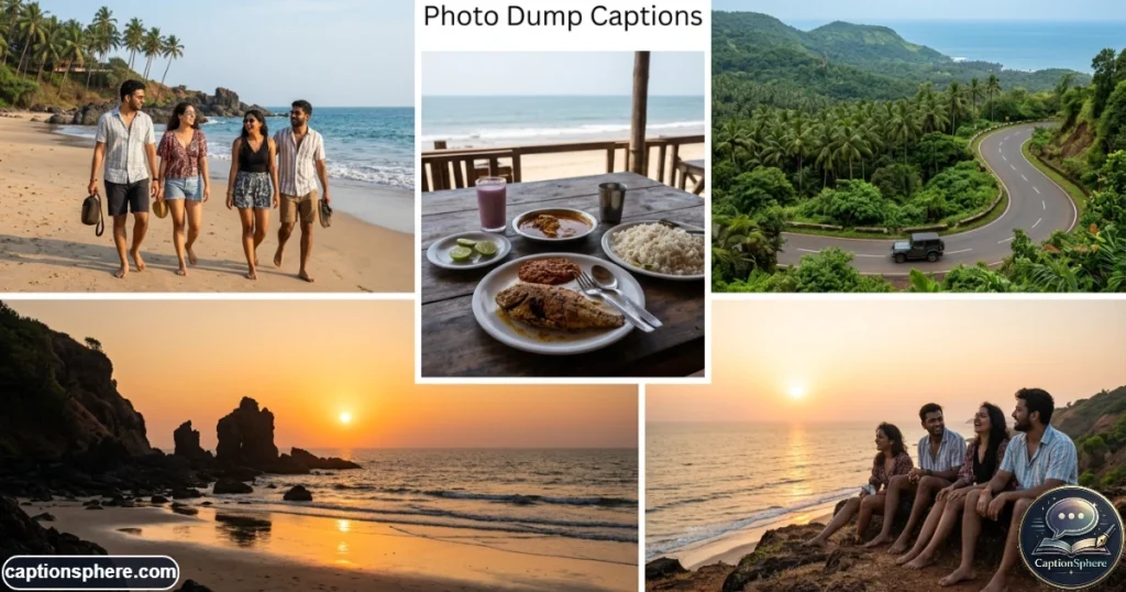 Collage-style travel scene with beach, road, food, sunset, and friends outdoors