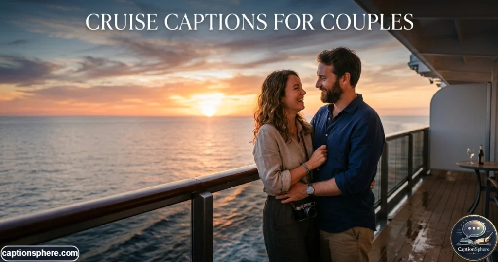 Couple standing together on a cruise balcony overlooking a sunset ocean