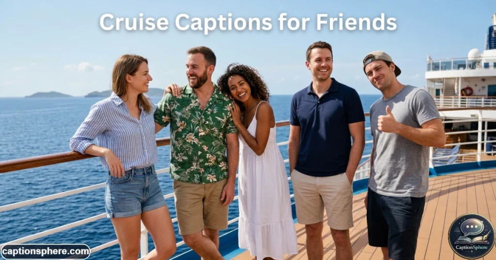 Group of friends smiling together on a cruise deck during daylight