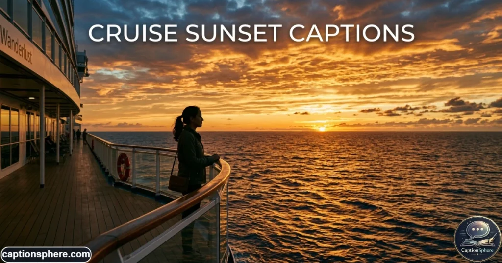 Golden sunset stretching across the ocean beside a cruise ship deck