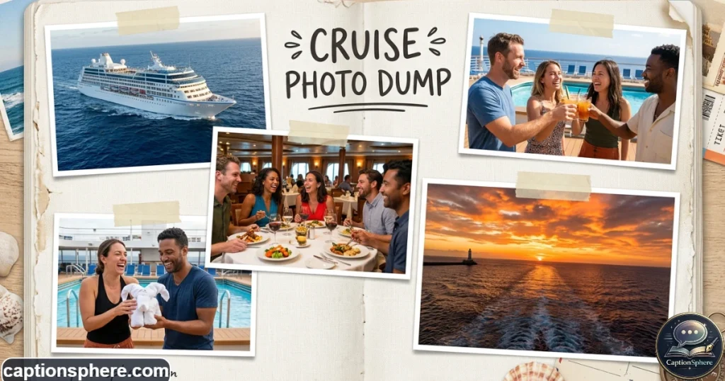 Travel photos showing ocean views, friends, meals, sunsets, and cruise activities