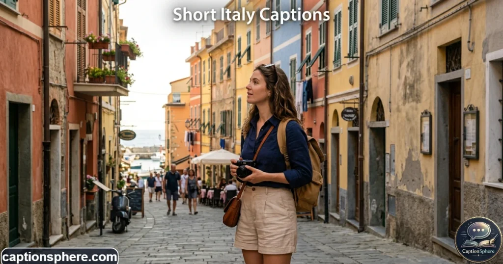 Traveler standing before colorful Italian buildings with a camera in hand