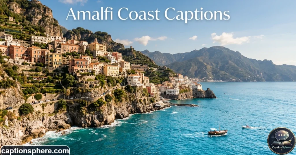 Colorful Amalfi Coast buildings overlooking bright blue Mediterranean water