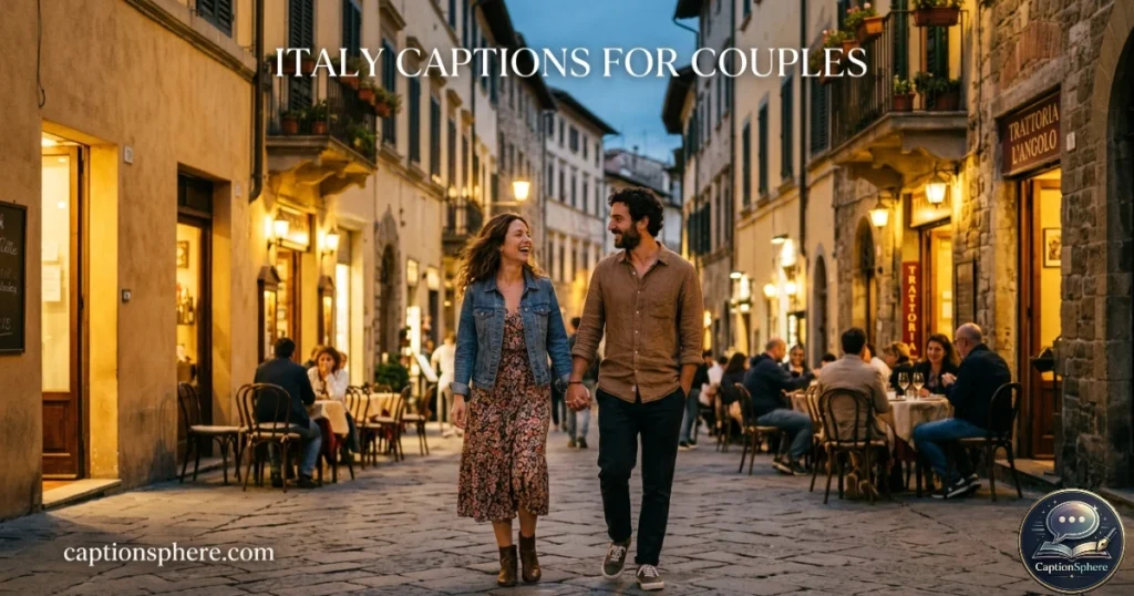 Couple walking together through a warmly lit Italian street at dusk