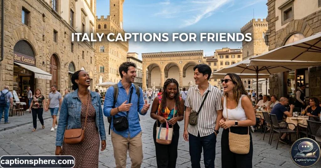 Group of friends laughing together in a sunny Italian piazza