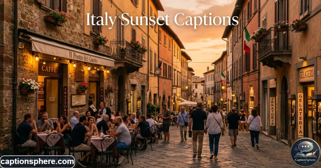 Warm sunset light illuminating an Italian street with outdoor café seating