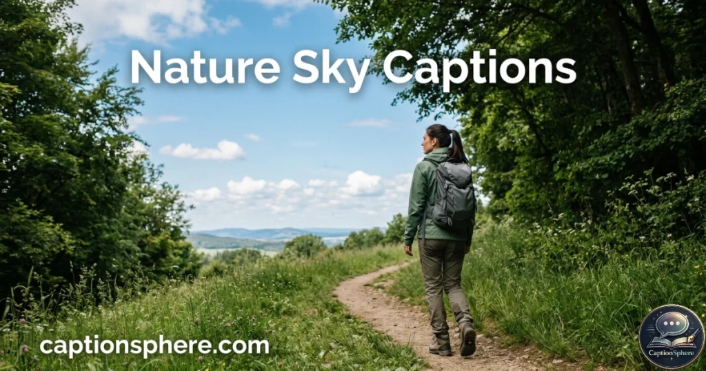 Hiker walking along a green forest trail beneath a blue sky