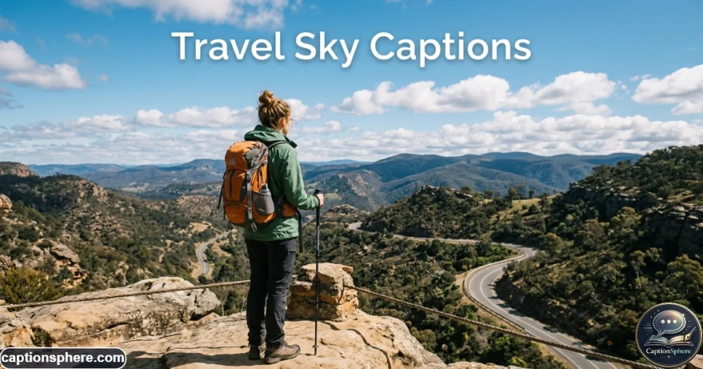 Traveler standing near a scenic overlook beneath a bright blue sky