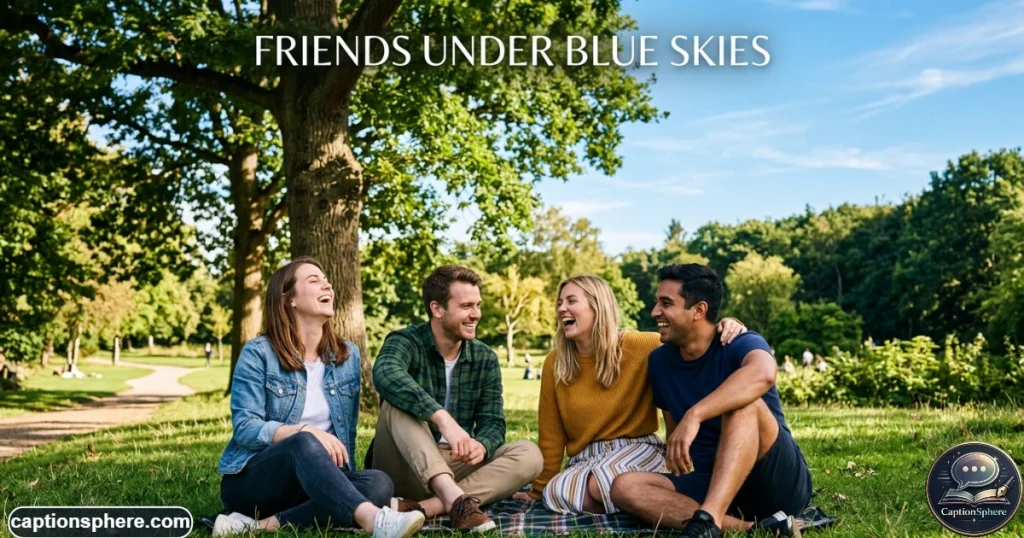 Four friends smiling together outdoors beneath a clear blue sky