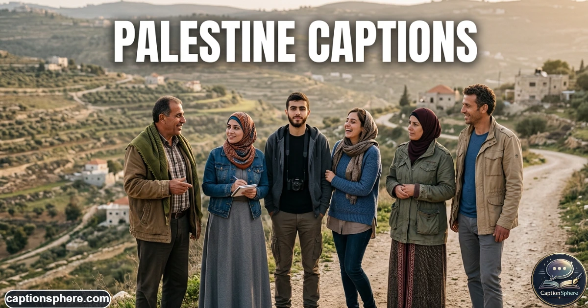 Friends standing together outdoors with a Palestinian flag and scenic landscape