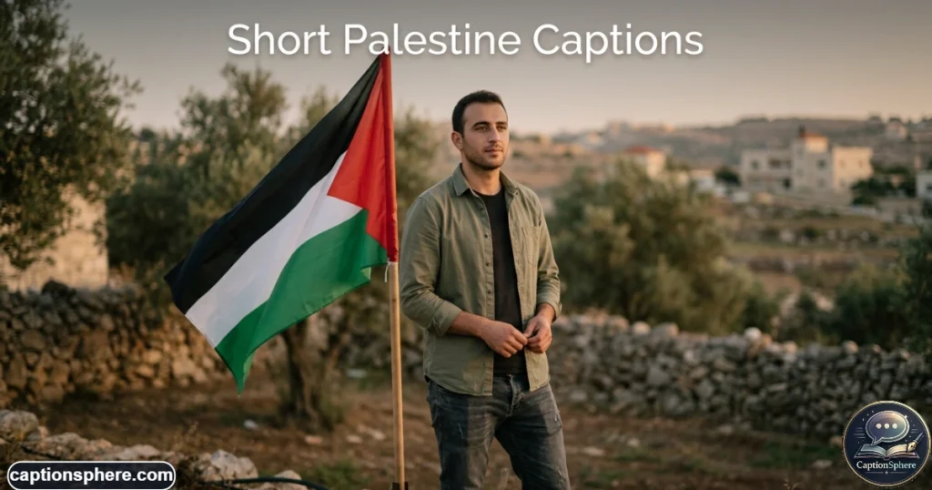 Person standing quietly outdoors with a Palestinian flag nearby