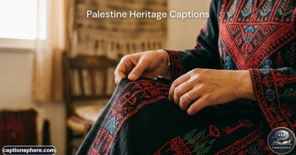 Close view of Palestinian embroidery on traditional clothing in natural light