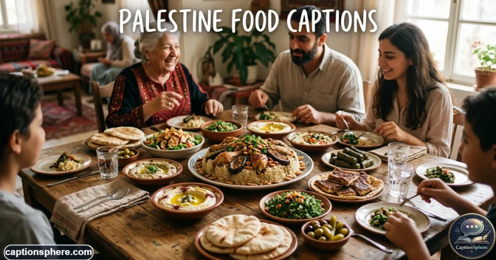 Shared Palestinian meal arranged on a table with family members nearby