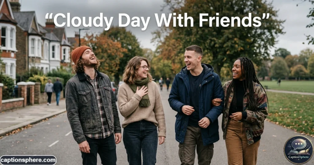 Group of friends laughing together outdoors beneath an overcast sky