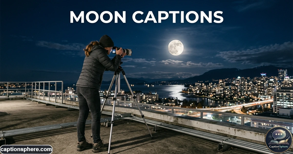 Person photographing a bright moon above a quiet city skyline at night