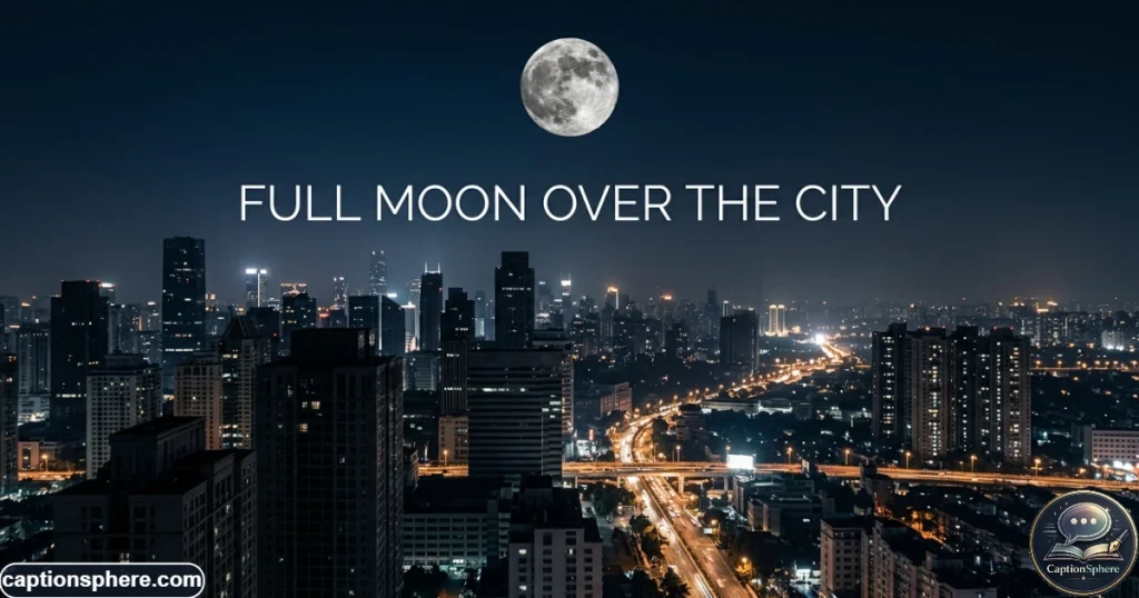 Large full moon glowing above dark buildings and distant city lights

