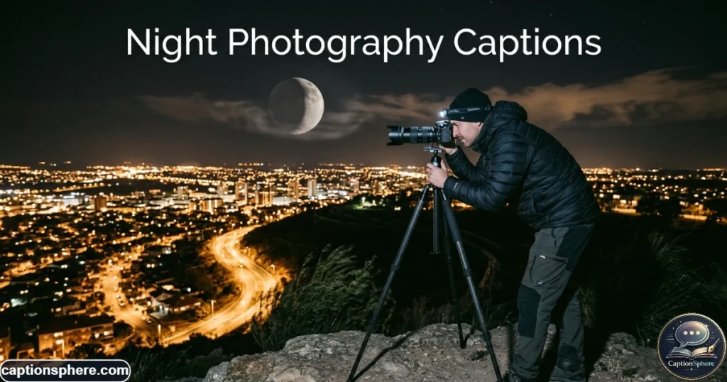 Photographer using a tripod camera beneath the moon beside a city overlook