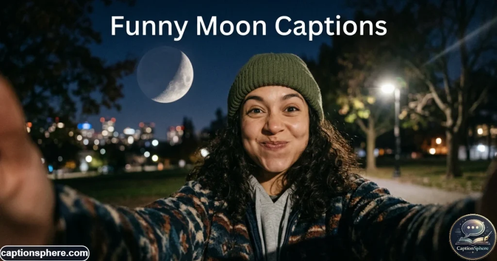 Smiling person taking a playful selfie with the moon behind them