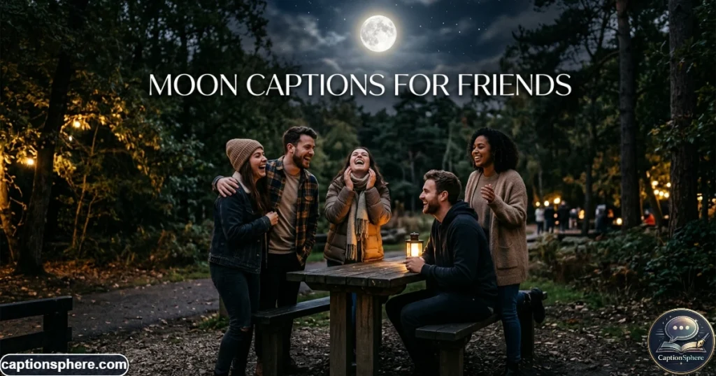 Group of friends laughing together beneath a bright moon outdoors at night