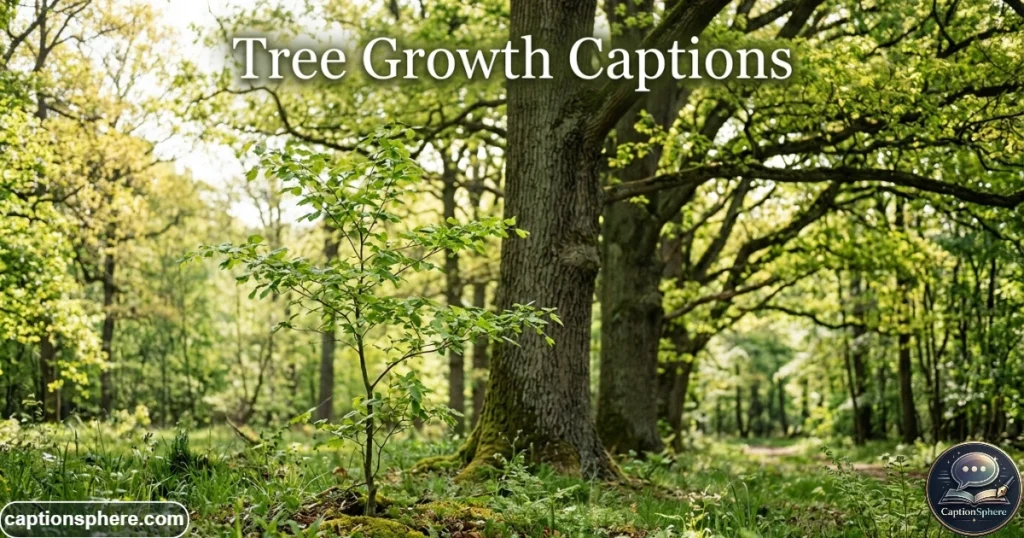 Young green tree growing beside taller mature trees in spring