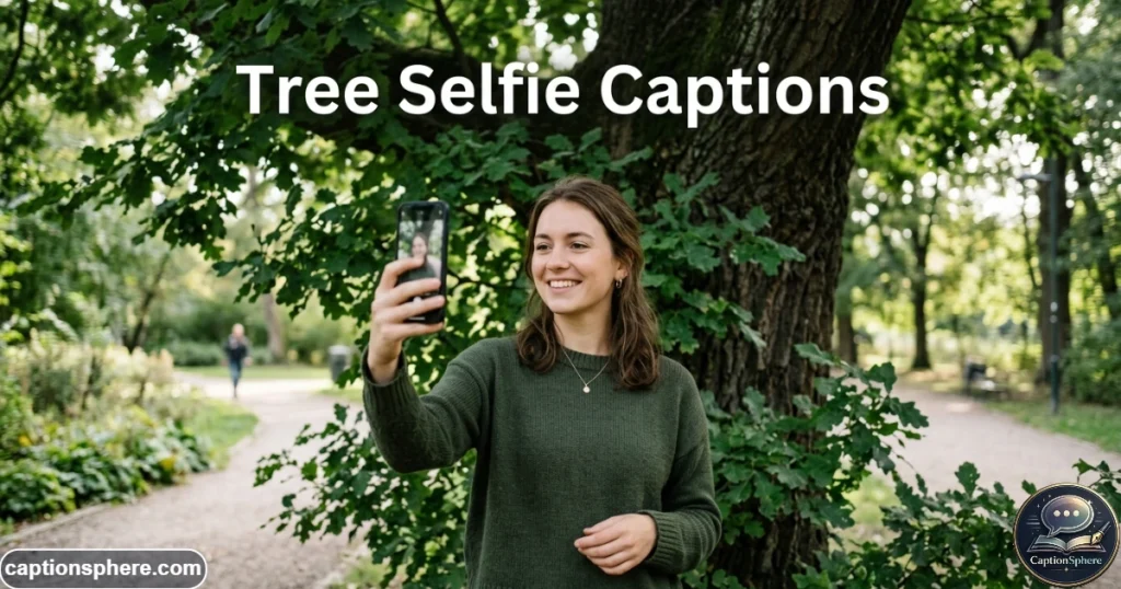 Person taking a selfie beside a leafy tree in a quiet park