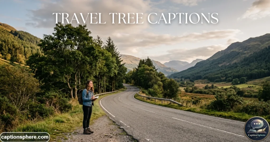 Traveler standing beside a scenic tree-lined mountain road during a trip
