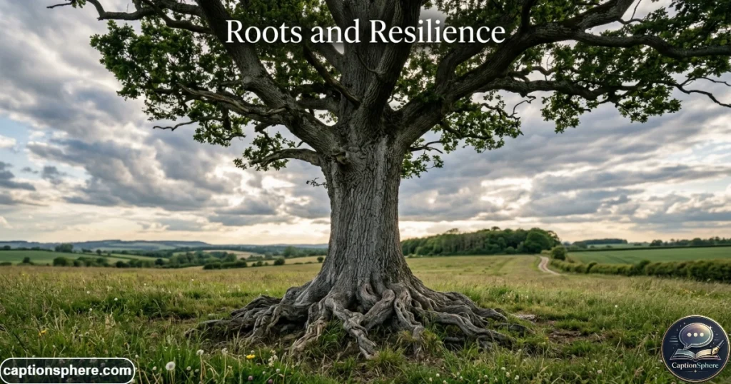 Large weathered tree with exposed roots standing firmly in a grassy field