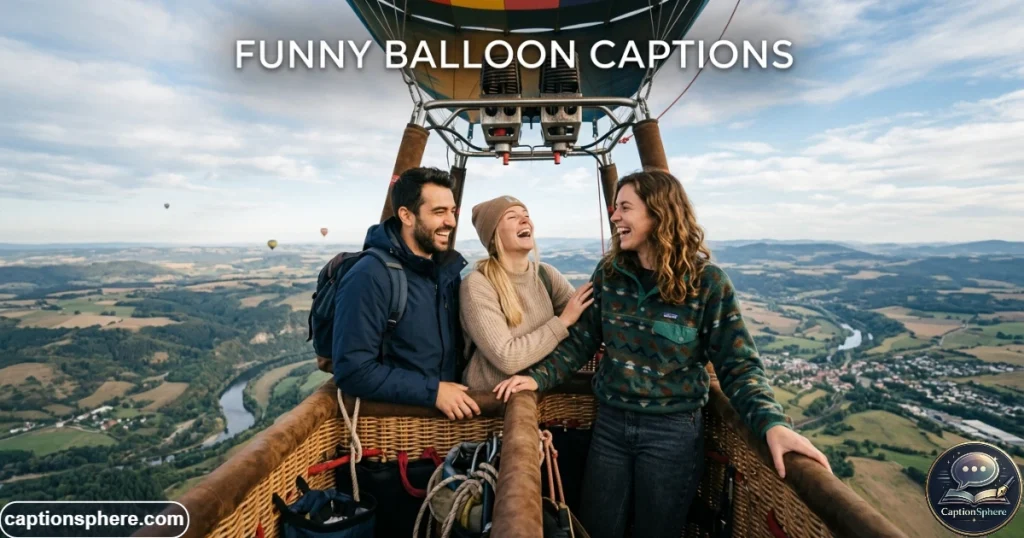 Friends laughing together inside a hot air balloon basket during flight