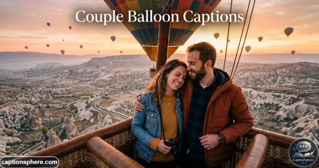 Couple standing together in a hot air balloon basket at sunrise