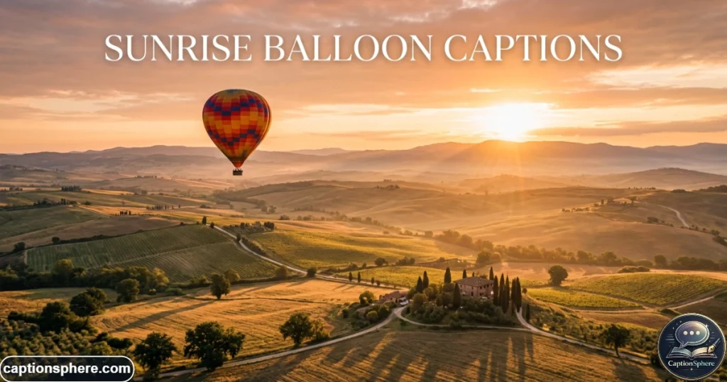 Hot air balloon drifting above fields as golden sunrise light reaches the horizon