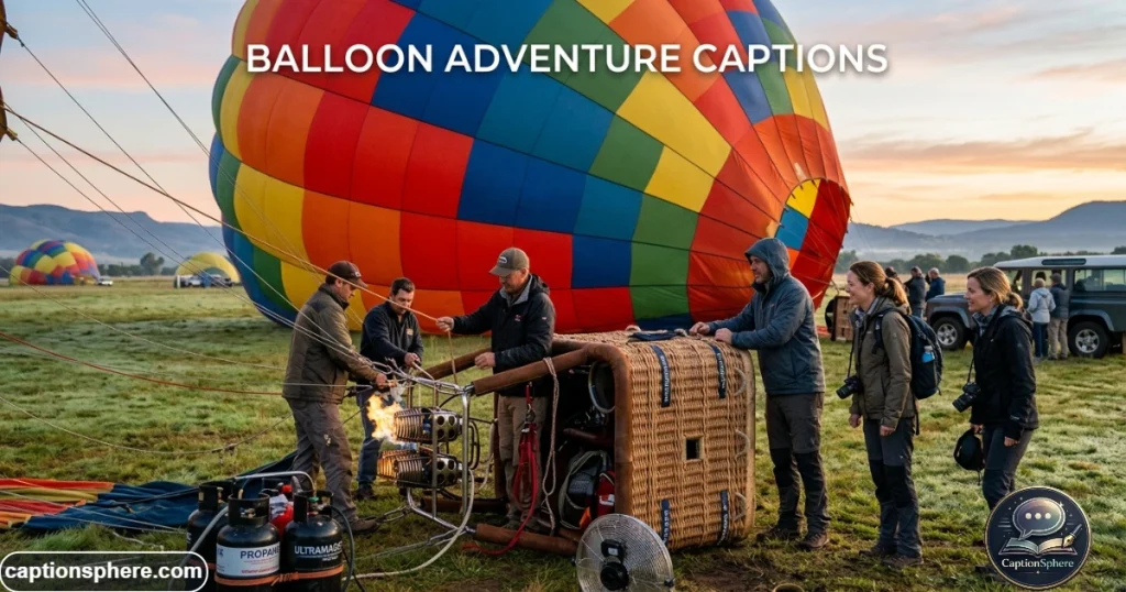 Travelers preparing for hot air balloon takeoff beside a colorful canopy

