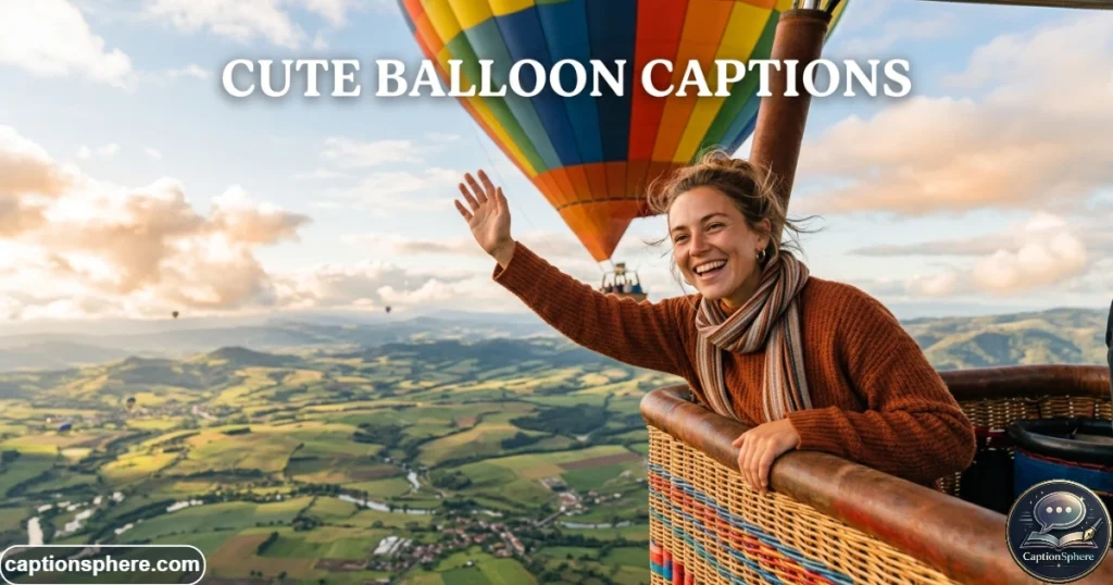 Smiling traveler waving from a colorful hot air balloon basket