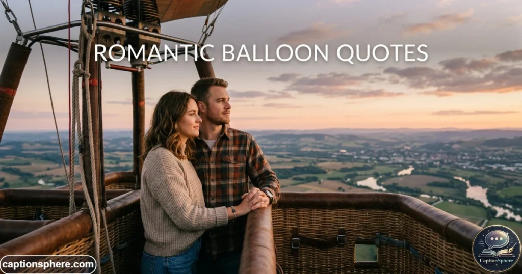 Couple holding hands in a hot air balloon basket above a quiet horizon