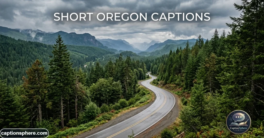 Mountain road winding through Oregon forest beneath a cloudy sky