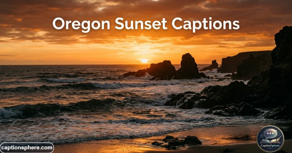 Sunset glowing over the Oregon Pacific coastline and dark rocks