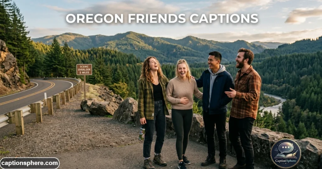 Group of friends laughing beside a scenic Oregon road overlook