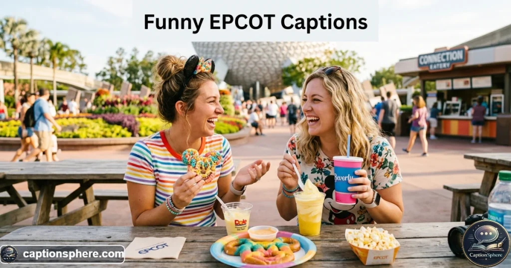 Friends laughing over EPCOT snacks during a playful park day