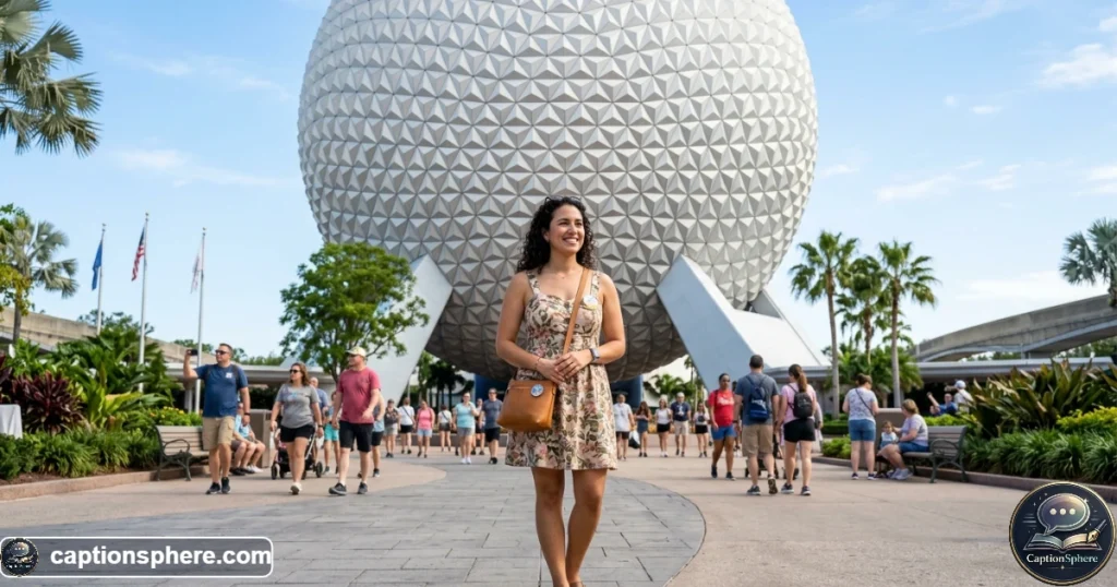 Traveler posing beneath Spaceship Earth at EPCOT