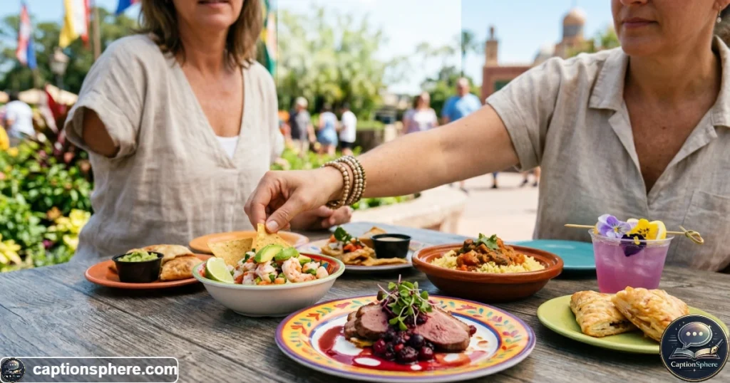 Colorful EPCOT festival food displayed on an outdoor table