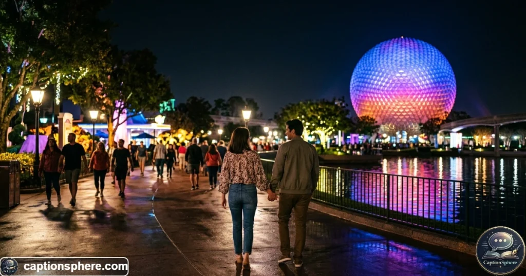 Visitors watching colorful nighttime lights at EPCOT