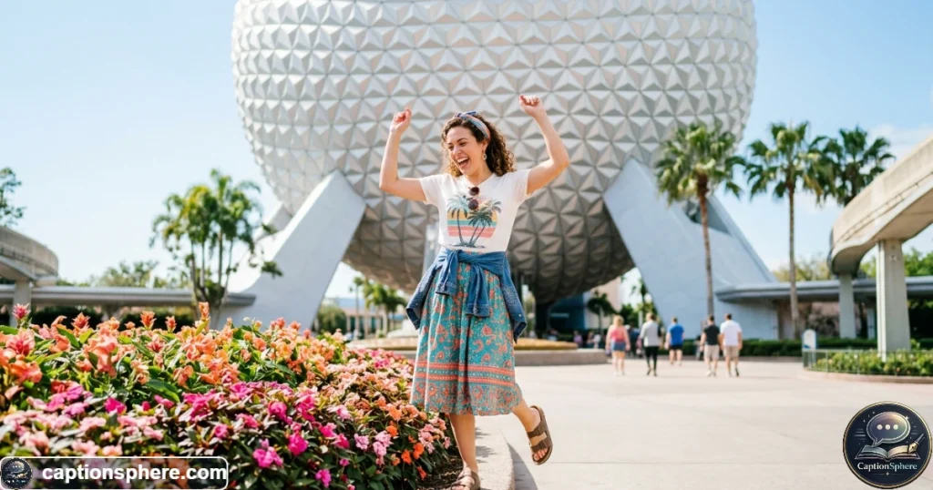 Smiling traveler making a playful pose at EPCOT