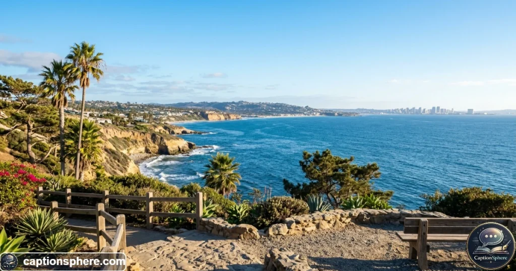 Sunny San Diego coastline with ocean views and palm trees