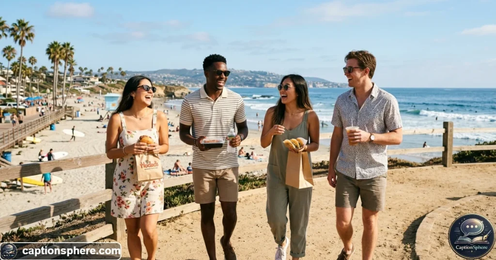 Friends laughing together during a sunny San Diego beach day