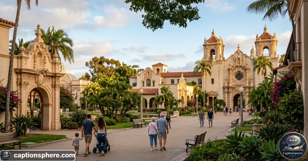 Visitors walking through beautiful Balboa Park in San Diego