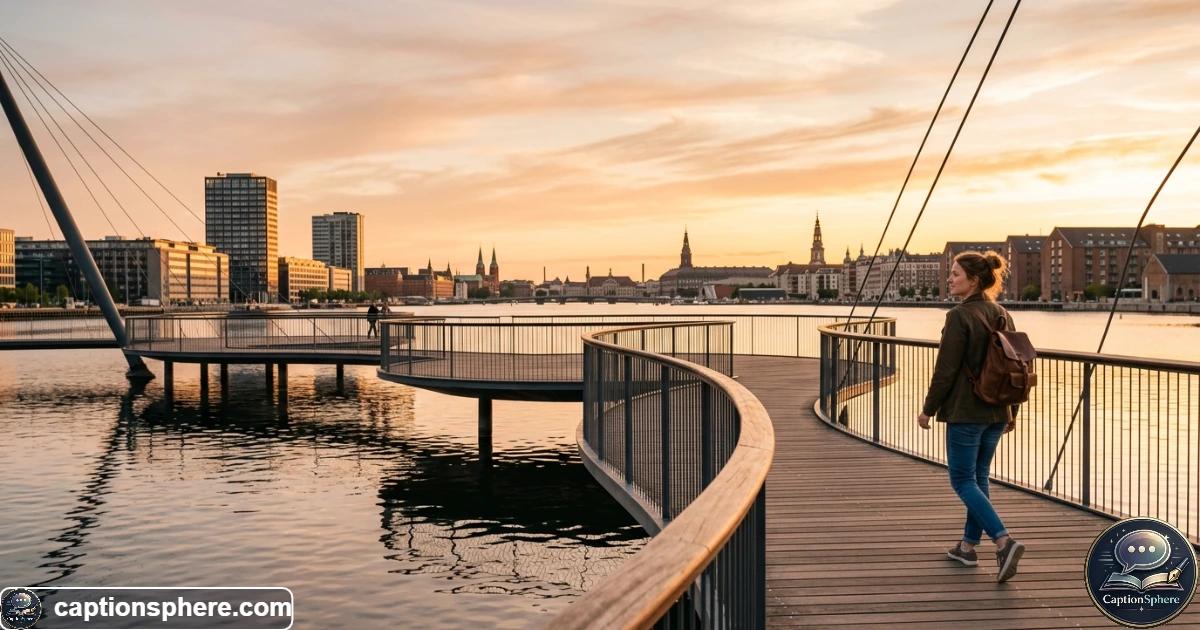 Person standing on a scenic bridge above water during golden hour