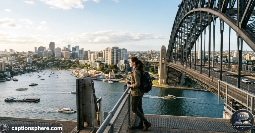 Scenic city bridge stretching across water with a traveler enjoying the view