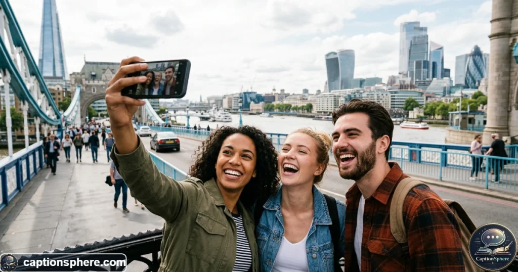 Friends laughing together while taking photos on a city bridge