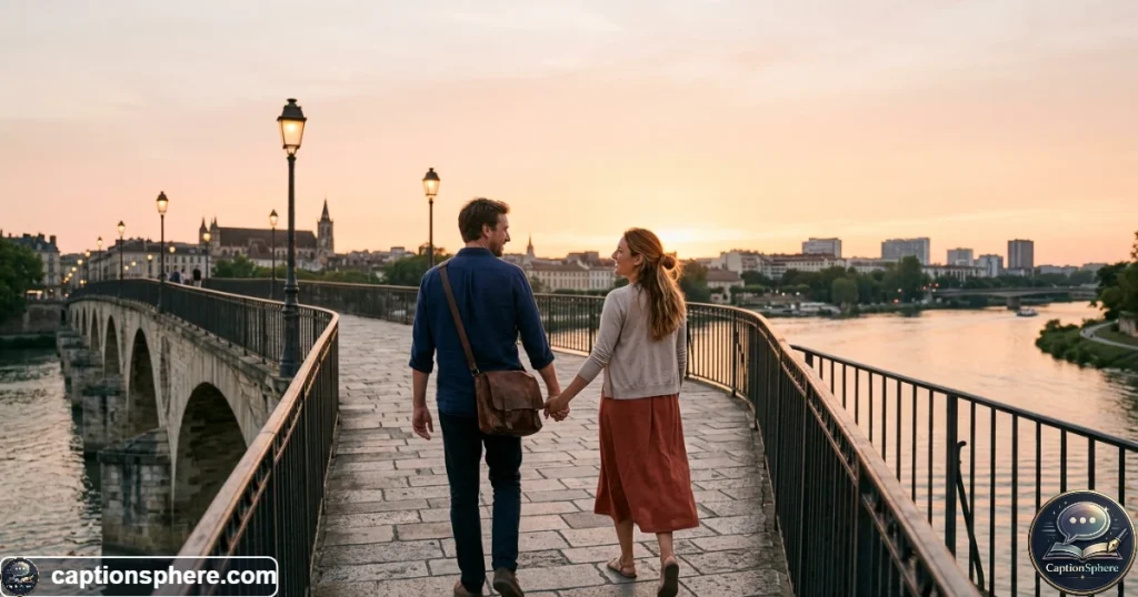 Couple holding hands while walking across a scenic bridge at sunset