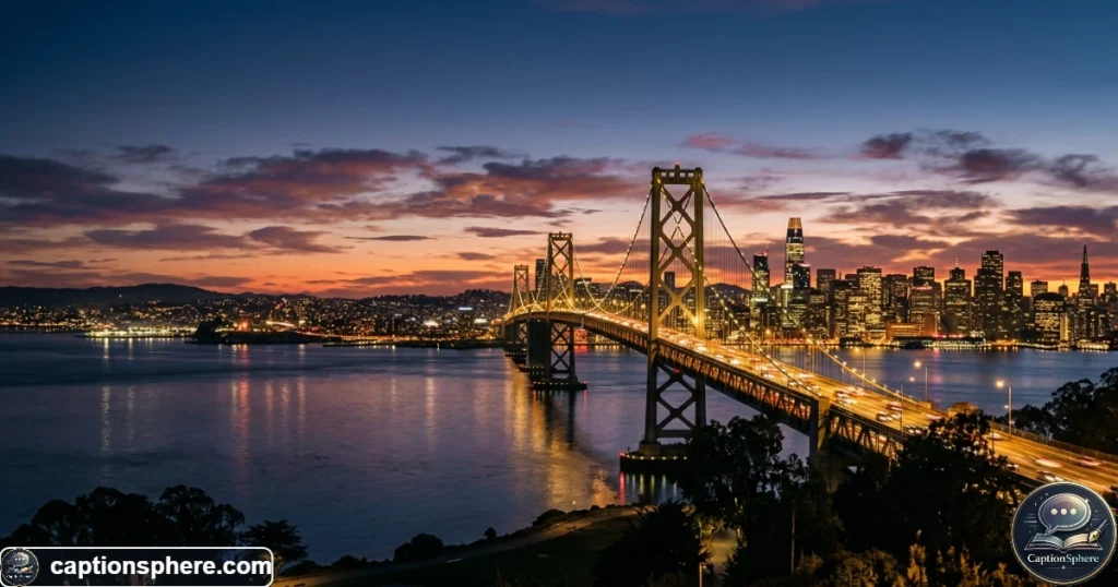 Illuminated bridge glowing over water beneath a colorful evening sky