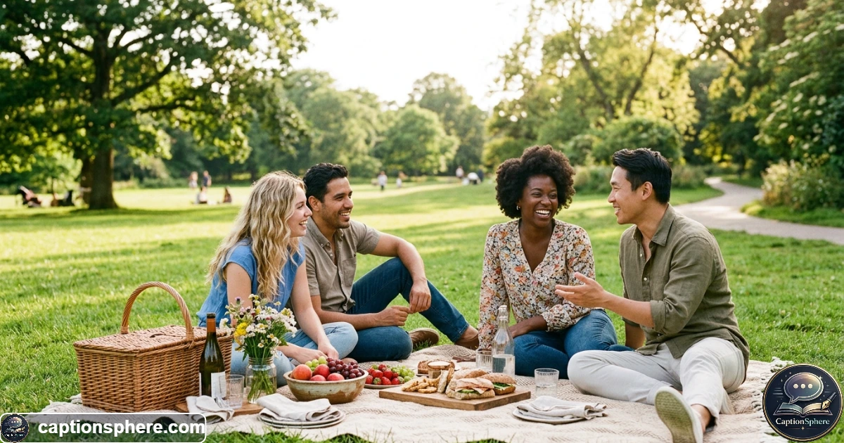 Friends enjoying a sunny picnic on a blanket in a green park
